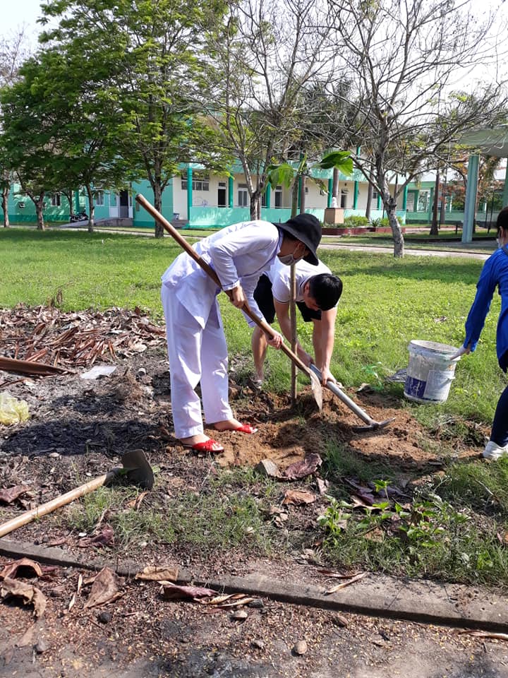 Các đoàn viên thanh  niên tham gia trồng cây sa kê xung quanh bệnh viện